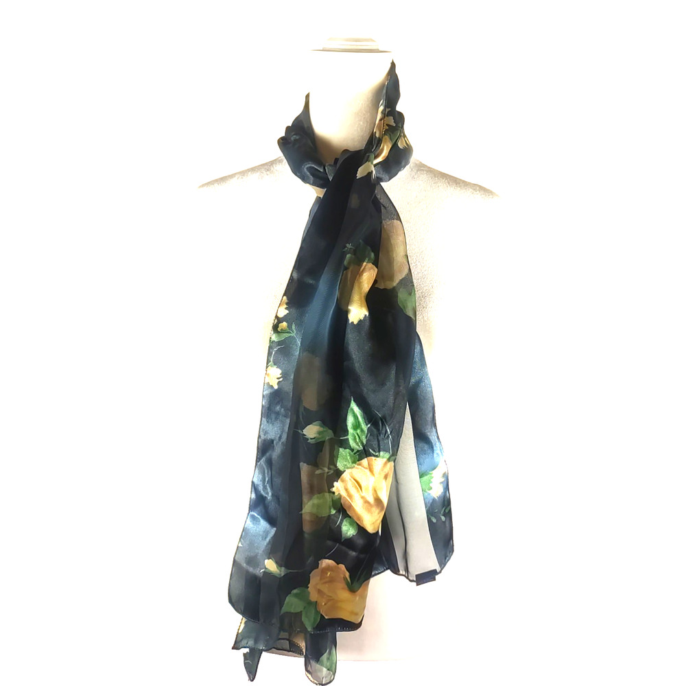 Women's Scarf Rectangle 30 X 14" Elegant Green Yellow Roses Stripe